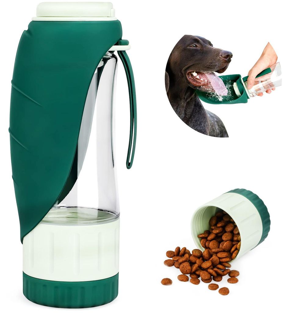 2-in-1 Hundetrinkflasche mit Futterbehälter in Dunkelgrün I 600 ml Wasser & 150 ml Snacks I Auslaufsicher mit Rücklauffunktion I Einhändige Bed...