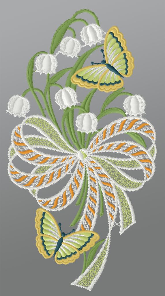 Fensterbild aus Plauener Spitze - Maiglöckchenstrauß mit Schleife (BxH) 16cm x 31cm, mehrfarbig, Fensterdekoration und Fensterschmuck
