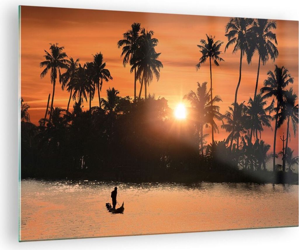 Bilder auf glas - Palme Fluss Sommer - 70x50cm - Glasbilder - Wandbilder - Kunstdruck - zum Aufhängen bereit - Wanddekoration aus Glas - Glas Bild...