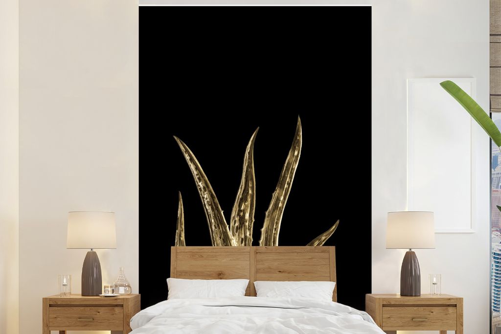 MuchoWow Fototapete für Wohnzimmer oder Schlafzimmer Wandtapete Vinyl Motivtapete Blatt - Aloe Vera - Schwarz - 155x240 cm - Tapete