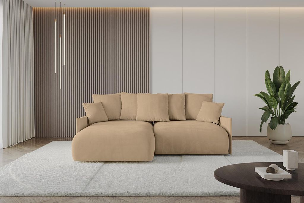ALTDECOR Ecksofa mit Schlaffunktion und Bettkasten ONESK-L 216x177x72 cm Beige - Corner Sofa Eckcouch Couch L-Form angeordnet Schlafcouch Ausziehba...