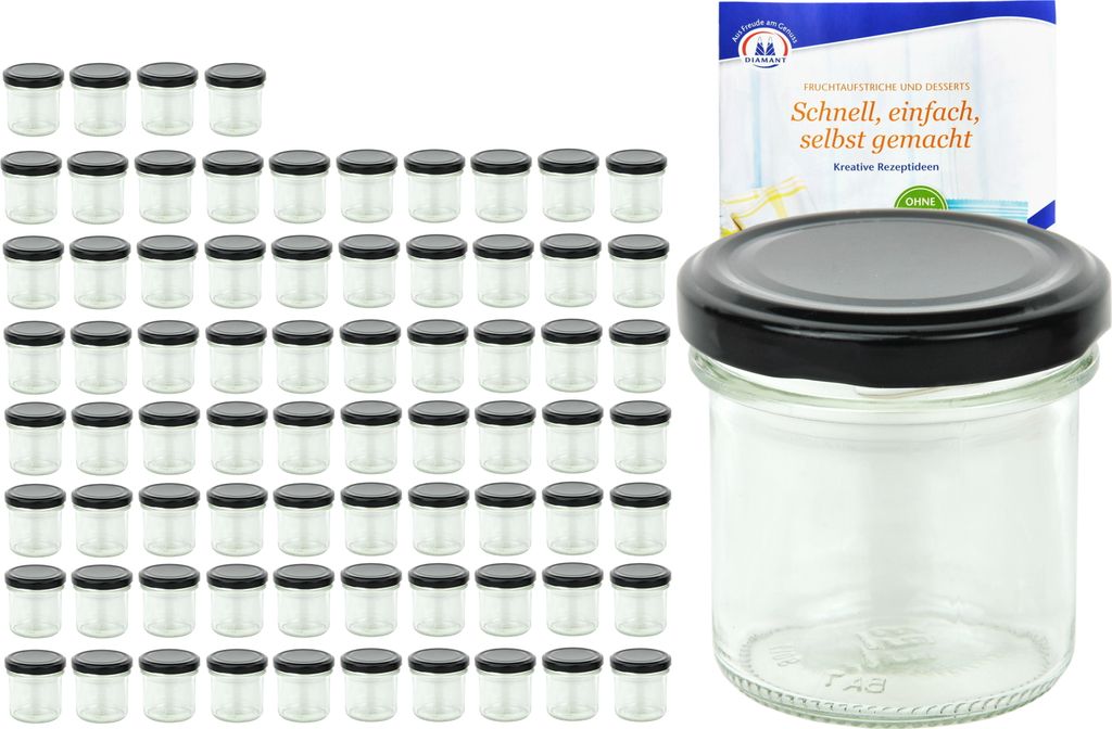 75er Set Sturzglas 167 ml To 66 schwarzer Deckel Einmachgläser Einkochgläser Glas incl. Rezeptheft