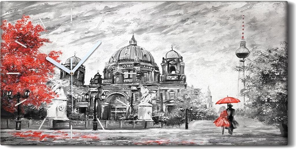 Wanduhr Leinwand Bild Uhr Quarz 60x30 Berlin Straße Paar Regenschirm Bäume - weiße Hände