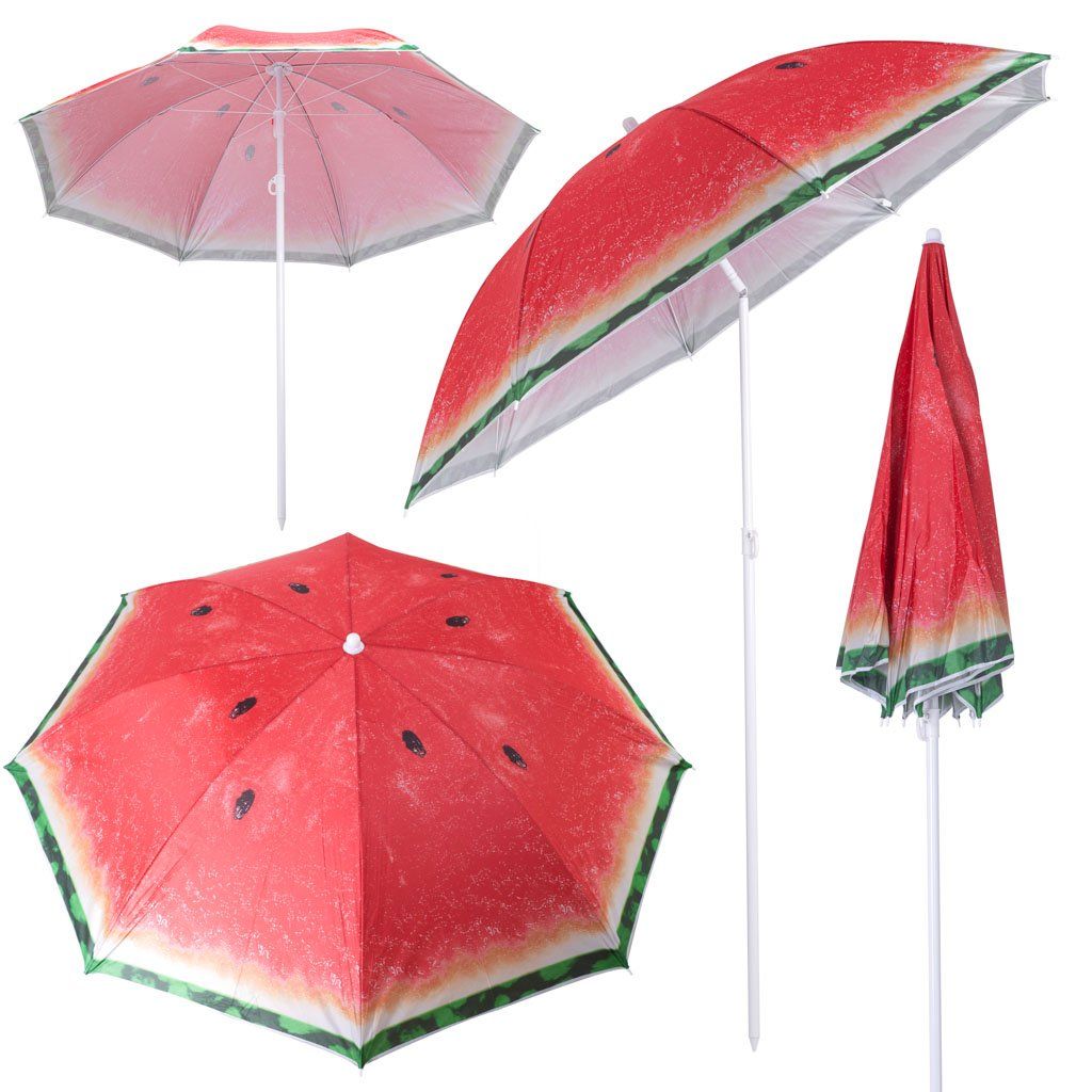 Multiple views of a watermelon-themed folding sun umbrella.