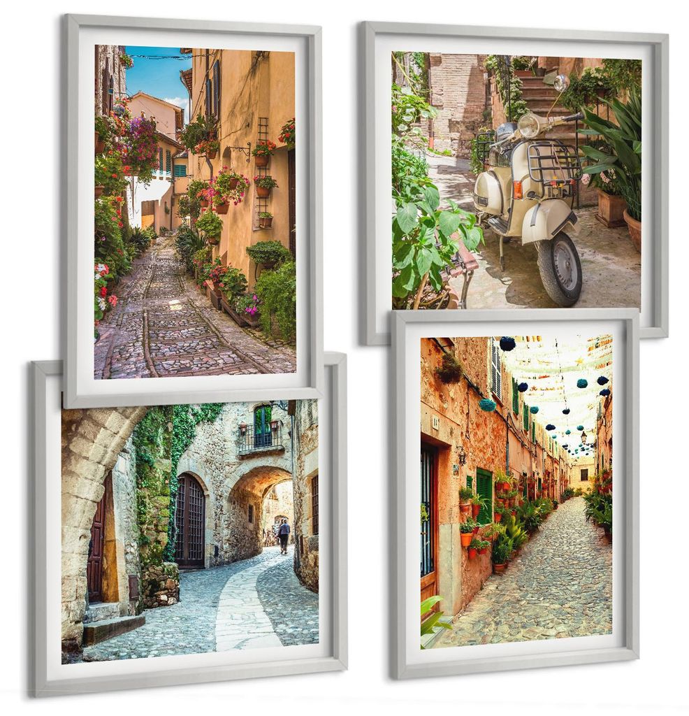 Bilder Set 4-teilig im silbergerahmten Rahmen – Wandbilder 4 Stück – gerahmte Poster für Wohnzimmer, Schlafzimmer und Flur – 50x50 cm - 40x...