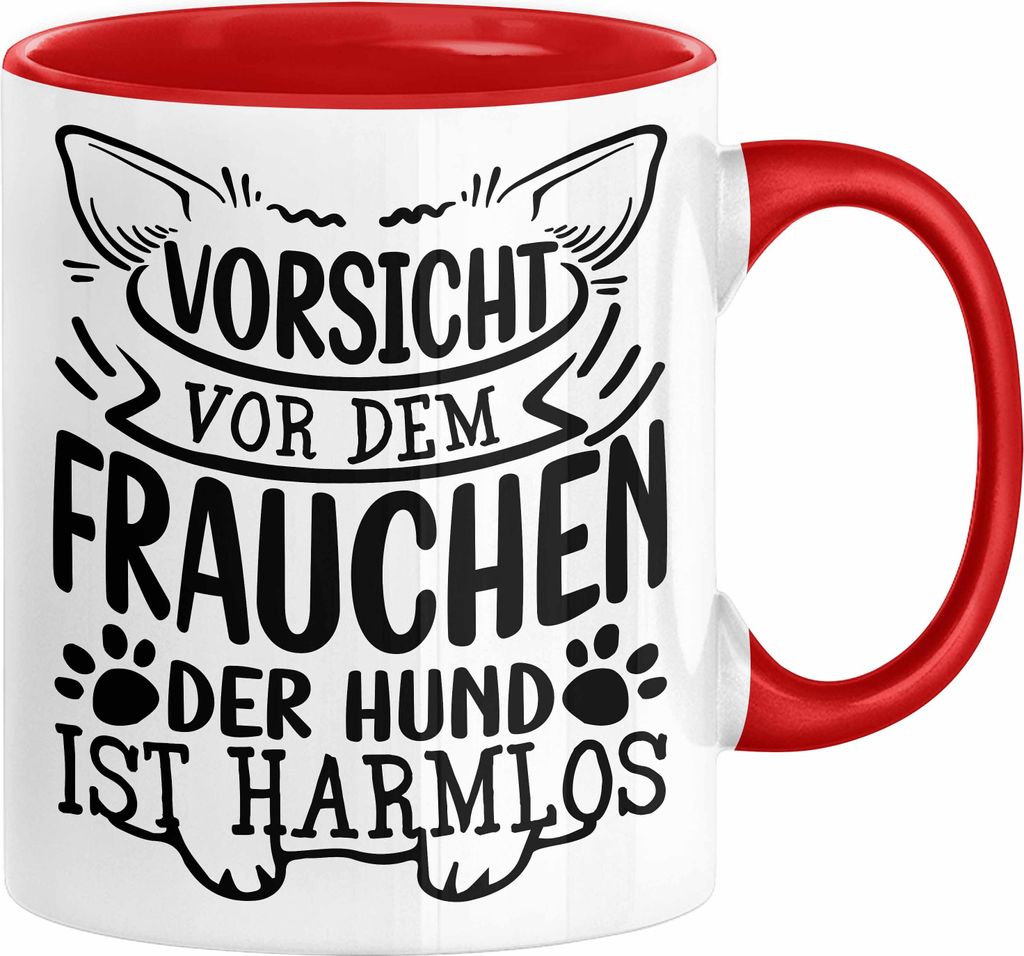 Frauchen Tasse Geschenk Hundebesitzerin Spruch Geschenkidee Kaffee-Becher Hunde Besitzerin Vorsicht Vor Dem Frauchen Der Hund Ist Harmlos (Rot)