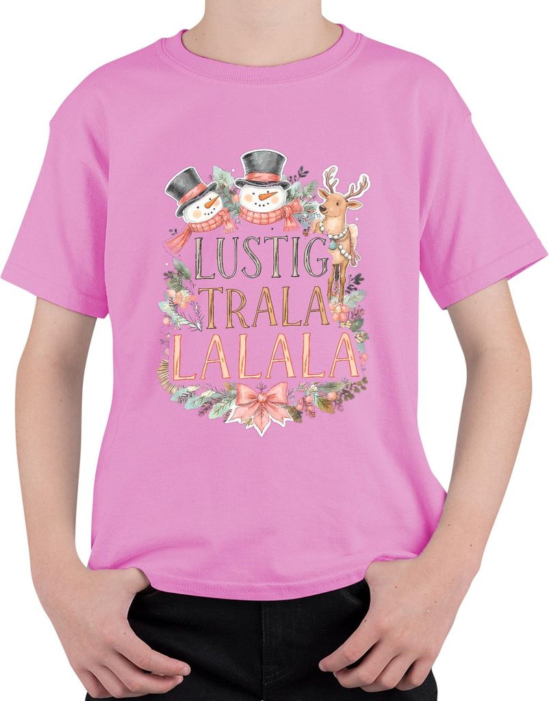 LUSTIG TRALA LALALA Weihnachten Schneemann Rentier Niedlich Retro Uni Kinder T-Shirt, Pink, 128