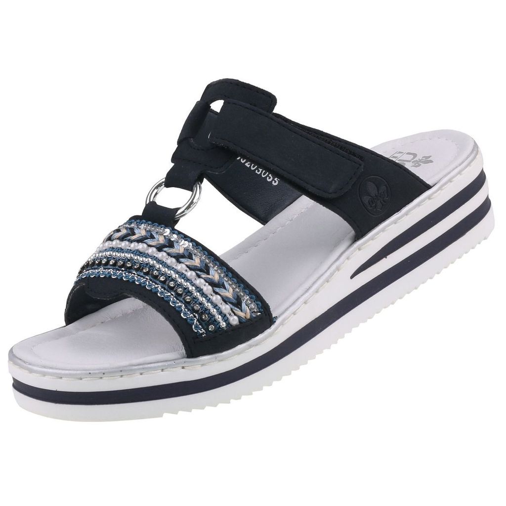 Rieker V02M6 Damen Clogs Plateau Pantoletten Keilabsatz, Größe:43 EU, Farbe:Blau