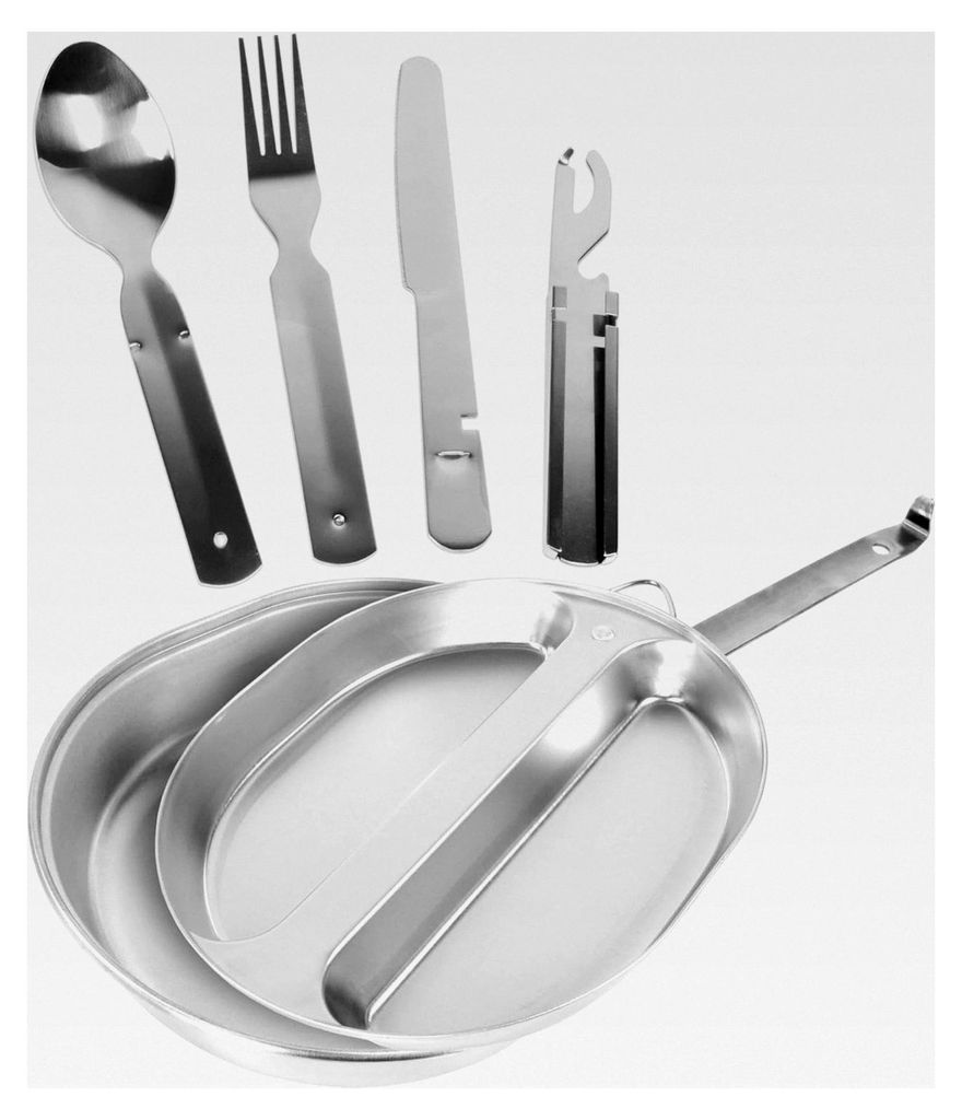 Outdoor Geschirrset aus US Kochgeschirr und 5-teiligem Besteck - robust und aus Edelstahl