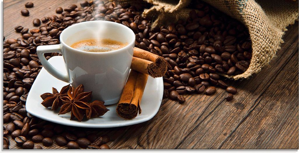 ARTland Glasbild Kaffeetasse Leinensack mit Kaffeebohnen Größe: 60x30 cm