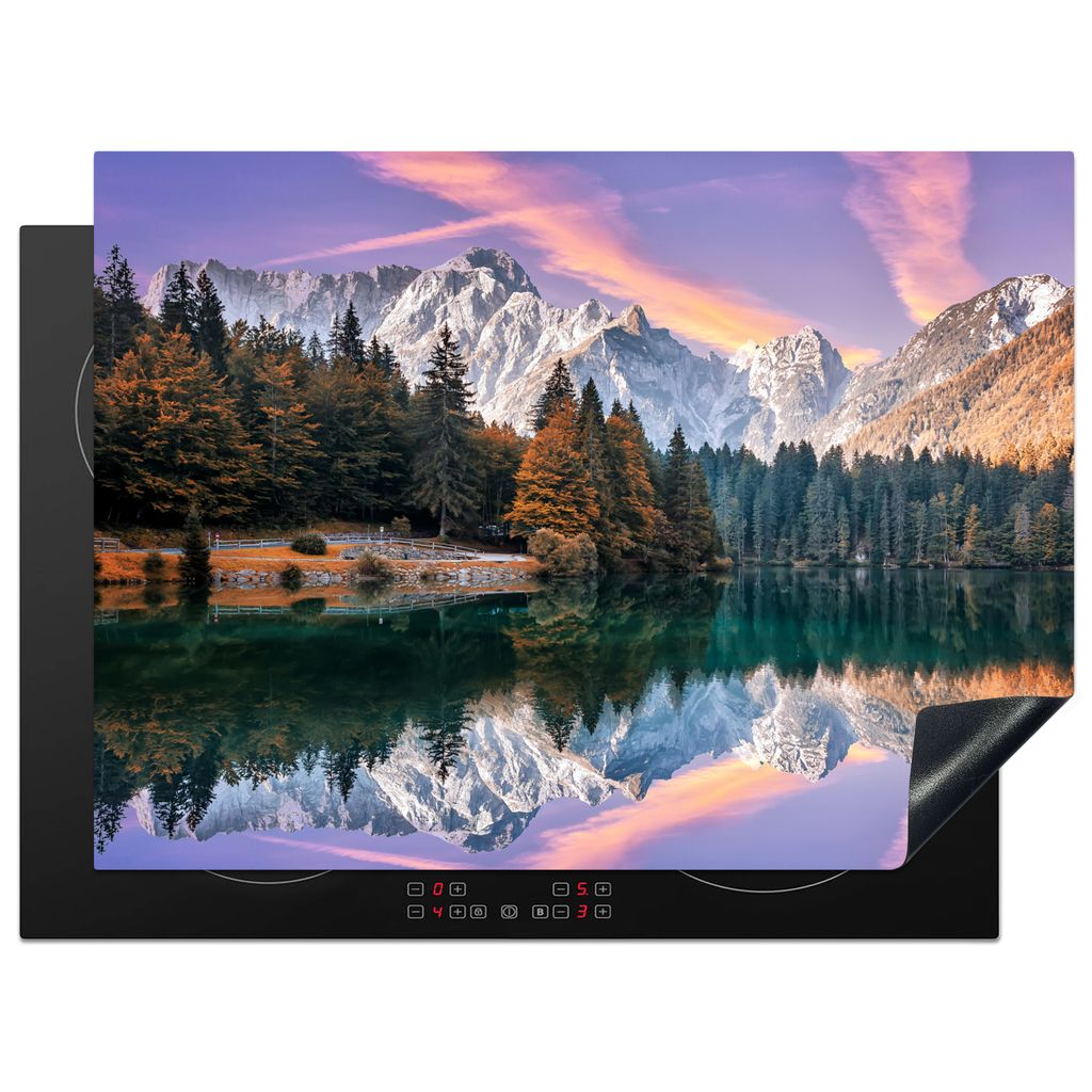 KitchenYeah Herdabdeckplatte Berg - Wald - Wasser - Himmel - Rosa - Lila , 70x52cm, Küche Deko, Glaskeramikkochfeld Herdabdeckung, Abdeckplatte ...