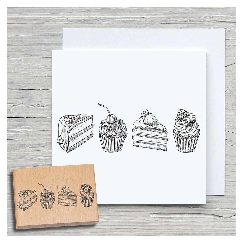 Stempel für Torte & Cupcake aus Holz & Gummi zum Basteln von Karten und Geschenken, Holzstempel für Scrapbooking, Textilstempel, Dekoration, Freunde