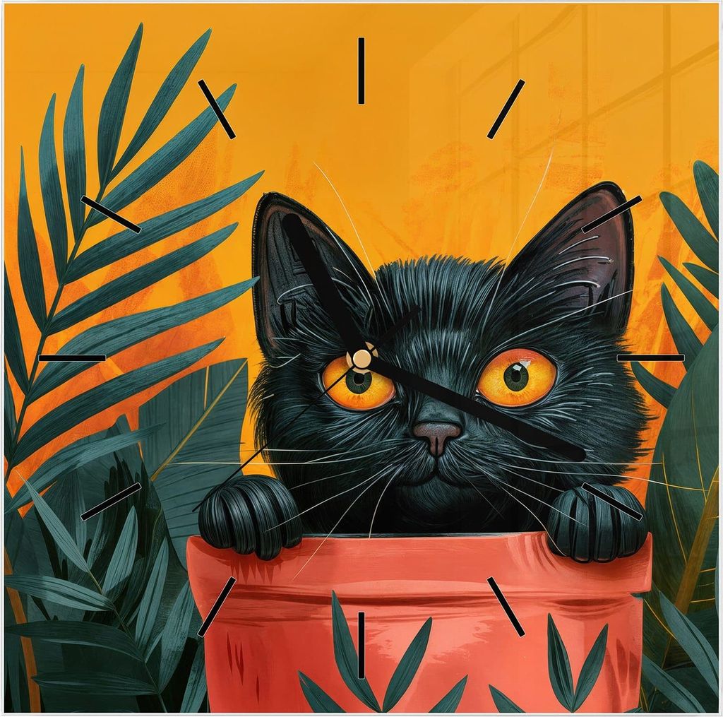 Wanduhr aus Glas mit Motiv Katze im Dschungel- 30 x 30 cm - inkl. Aufhängesystem