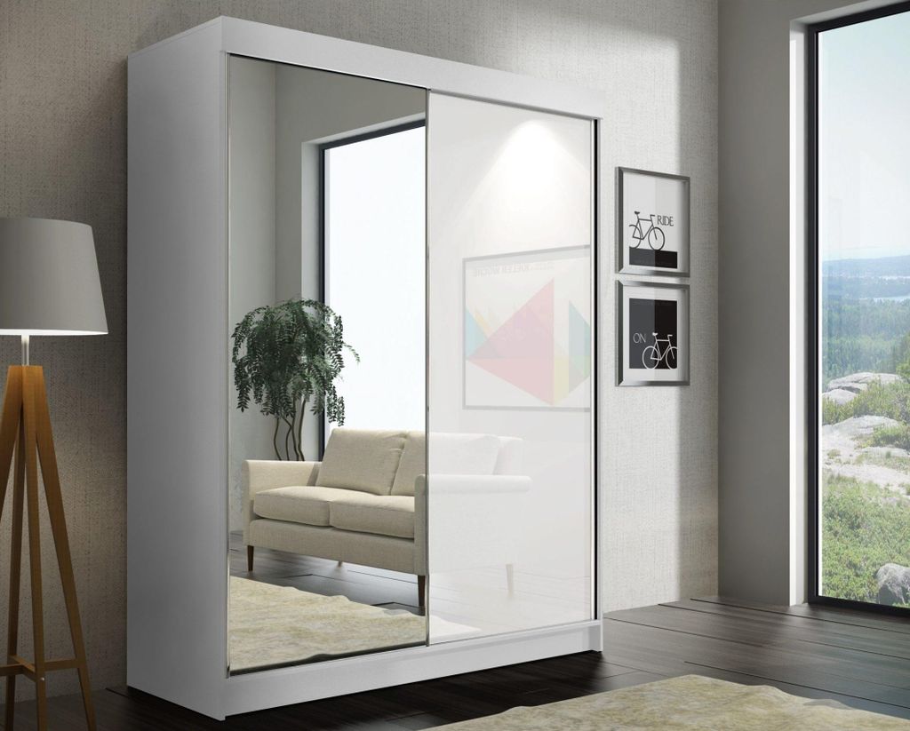 Krudox SAM Schiebetürenschrank Weiß mit Spiegel Kleiderschrank Breite 120 cm Schlafzimmer Schrank mit Kleiderstange 2 Schubladen Stauraum