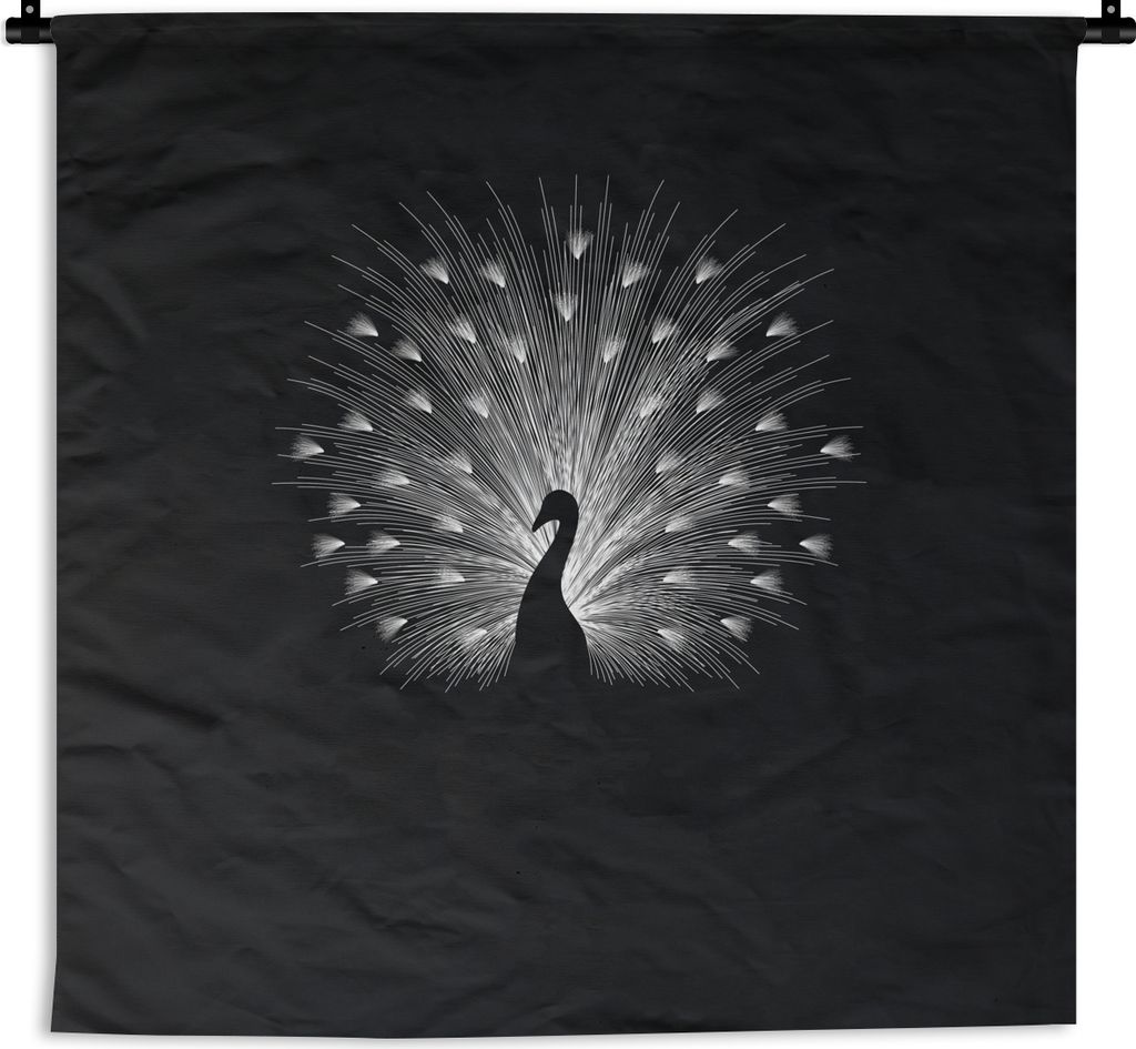 MuchoWow Wandteppich Wandbehang Pfau - Schwarz - Weiß 150x150 cm Tapisserie Dekoration Wandtuch - Wohnaccessoires - Modernes