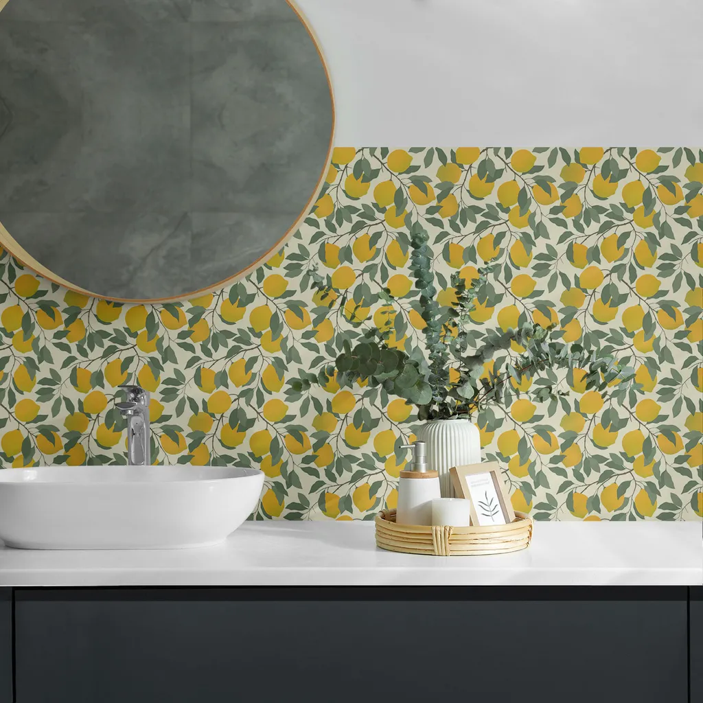Citron Botanical Pattern - Piastrelle autoadesive - Piastrelle autoadesive - Piastrelle in PVC - Piastrelle in vinile - Piastrelle autoadesive 3D - Piastrelle adesive - Piastrelle per cucina e bagno - 20 pezzi 20 x 20 cm - 3