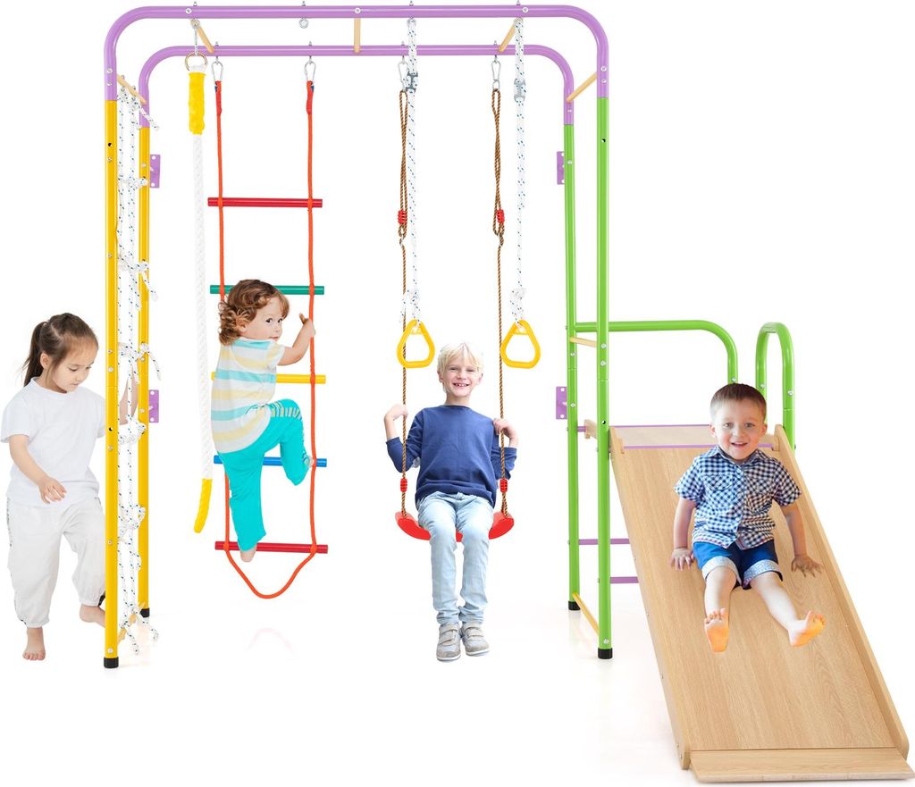 COSTWAY Klettergerüst, 8 in 1 Kletterwand, Affenstangen, Leiter, Seil, Turnring, Schaukel, Rutsche & Kletterer, Kinder Spielplatz, für Kinder 3+