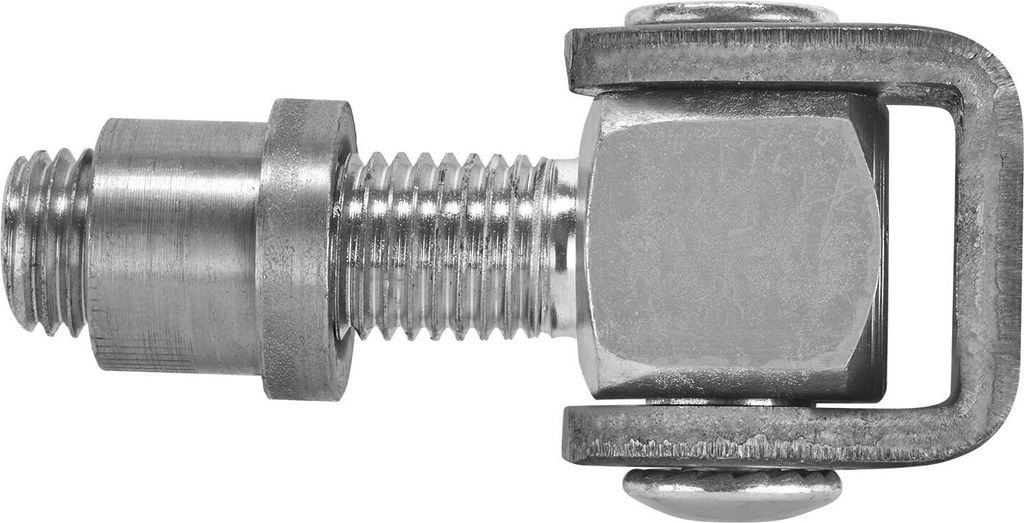 A close-up, side view of a metal hinge component with threaded ends and a nut.