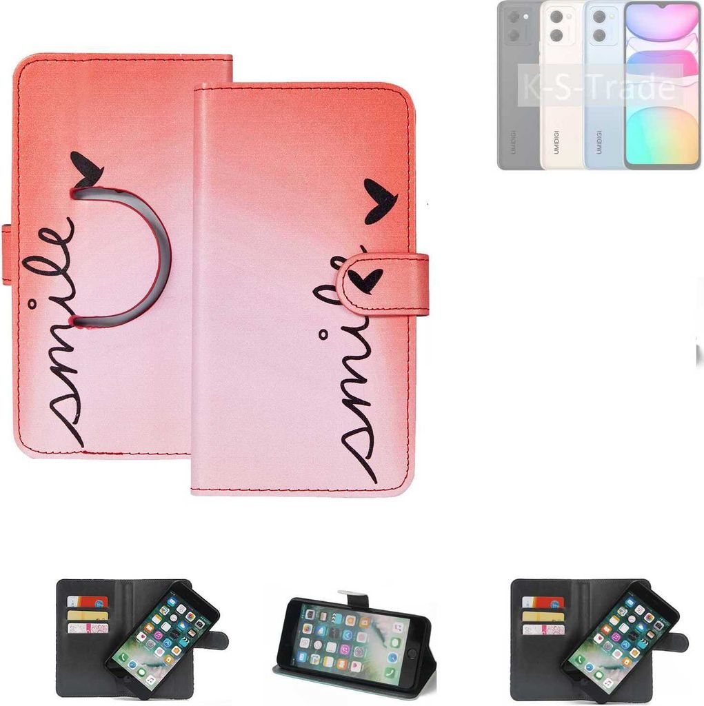 K-S-Trade Schutzhülle Handyhülle kompatibel mit UMIDIGI C2 Hülle cover bookstyle Etui “smile“ rot Standfunktion Kameraschutz (1Stk)