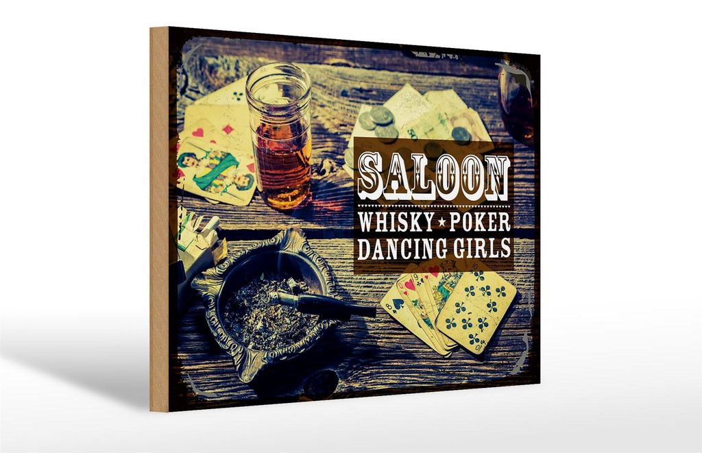 Holzschild Hinweis Saloon Whisky Pokerkarten 30x20cm