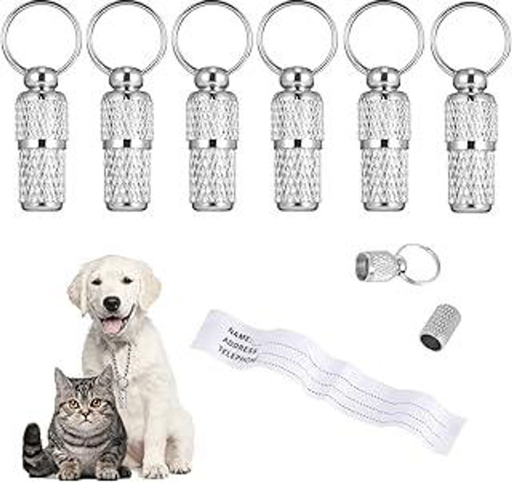 6 Stück Adressanhänger für Hunde Katzen, ID Tag Hundemarke Tiermarke mit Schlüsselringe und Wasserdicht Pillendose für Katzenhalsband Hundehal...