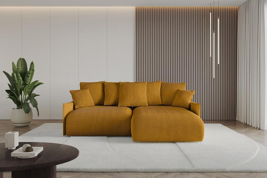 ALTDECOR Ecksofa mit Schlaffunktion und Bettkasten ONESK-L-v1 216x177x72 cm Senfgelb - Corner Sofa Eckcouch Couch L-Form angeordnet Schlafcouch Aus...