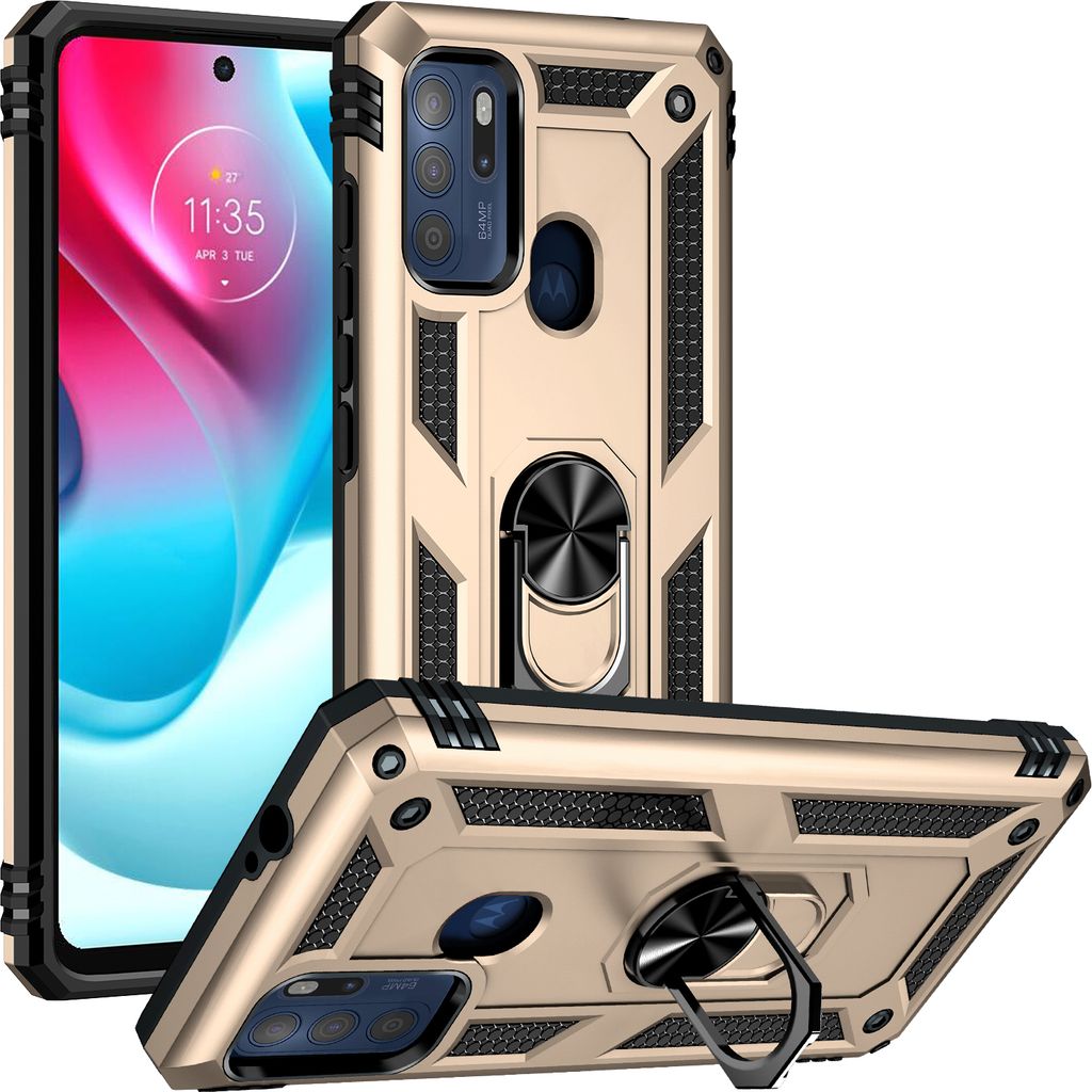 Moto G60S Hülle, Dual Layer Militäre Fallschutz Schutzhülle mit Ringhalterung Ständer für Motorola Moto G60S Gold