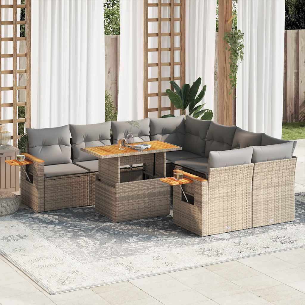 "2026 Promotion" 9-tlg. Garten-Sofagarnitur/Terrassenmöbel - mit Kissen - Beige Poly Rattan Akazie - Gartenmöbelset CC18362