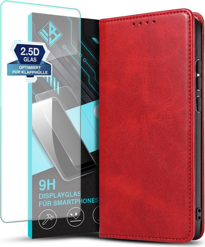 Handyhülle für Samsung Galaxy A17 / A17 5G mit 9H Displayglas Kunstleder Flip Cover Hülle Handytasche Case Kartenfach Farbe: Rot
