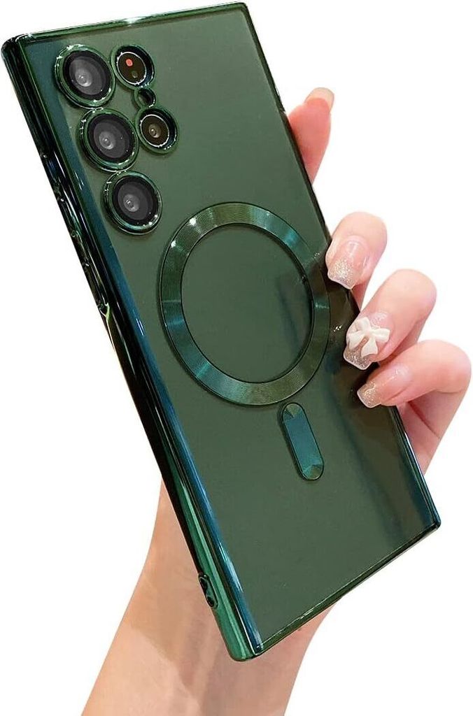 A hand holding a green phone case with a magnetic ring for MagSafe.