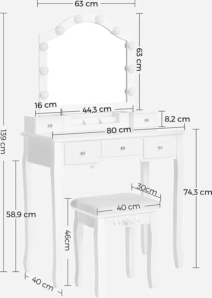 Table Coiffeuse Blanche avec Miroir et Tabouret pour Chambre ou Dressing