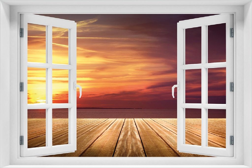 Wallario selbstklebendes Poster mit Fenster-Illusion - Steg am See - Sonnenuntergang und roter Himmel, Größe: 100 x 150 cm
