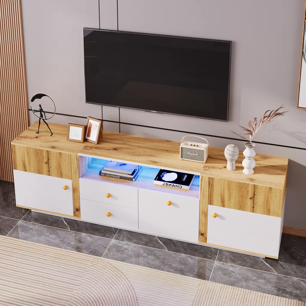 Banc TV blanc 180cm avec éclairage LED et rangements aspect bois naturel