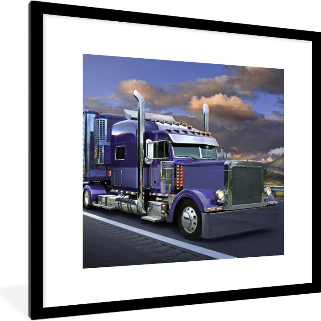 MuchoWow Gerahmtes Poster Lkw - Lila - Wolken 40x40 cm - Poster mit Schwarzem Bilderrahmen Wandposter Rahmen Foto Bilder - Poster - Plakat im Rahmen