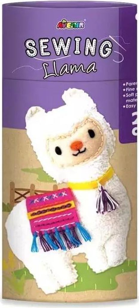 The image shows the packaging for a sewing kit shaped like a llama.