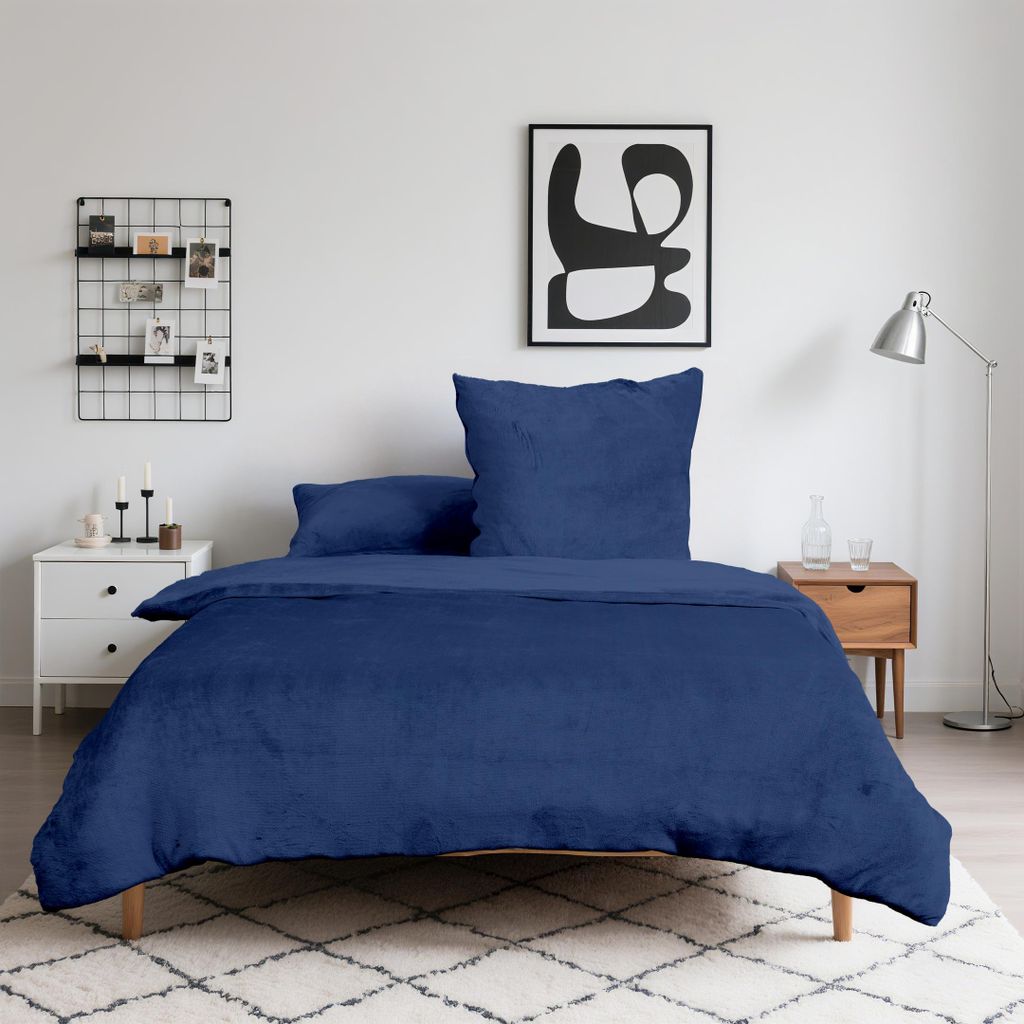 Luxus Flanell Bettwäsche Plüsch Warm Kuschelig Teddy Reißverschluss 135x200 155x220 200x200 200x220, Größe:200 x 200 cm, Farbe:Dunkelblau