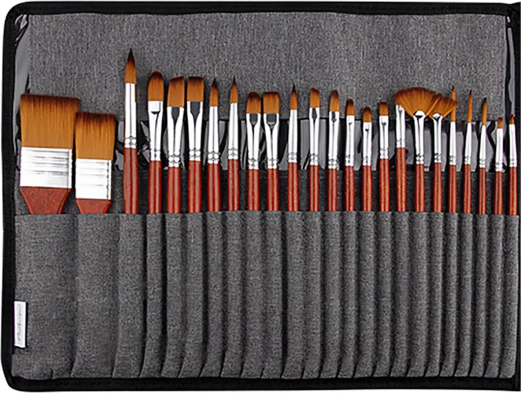 Set pinceaux acrylique et huile, bâton en bois acajou, 25 accessoires