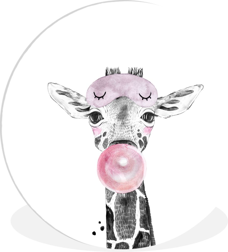 MuchoWow Rundes Wandbild - Runde Bilder Giraffe - Kaugummi - Rosa - Schlafmaske - Kinder - Mädchen Ø 60 cm Kreis Wanddekoration Kunststoff - Wa...