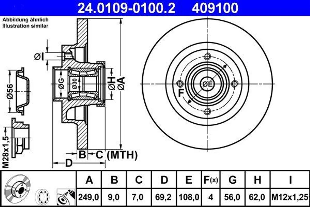 ATE 24.0109-0100.2 Disque de Frein Arrière OE 424932 pour Peugeot 208