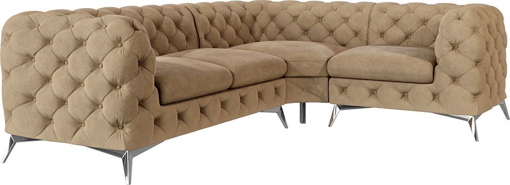 S-STYLE MÖBEL - Chesterfield Ecksofa Cleo mit Silber Metall Füßen aus Beige Samtstoff, Ottomane rechts, B/T/H: 264 cm / 204 cm/ 75 cm