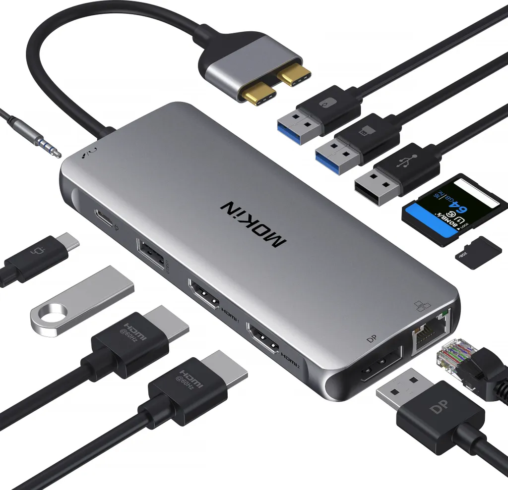 Hub USB C 12 Ports Double HDMI 4K et Ethernet RJ45 en Alu Gris Espace