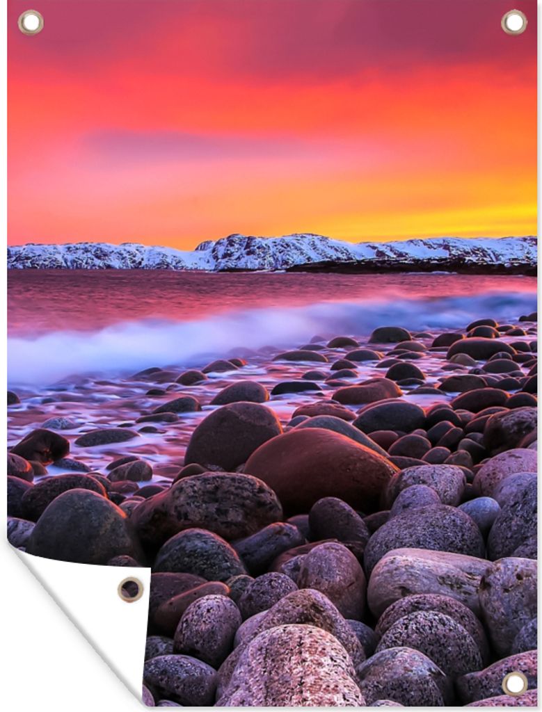 MuchoWow 90x120 cm Outdoor-Poster Gartendeko Sichtschutz Garten Poster für den Garten Sonne - Steine - Schnee - Landschaft - Wasser