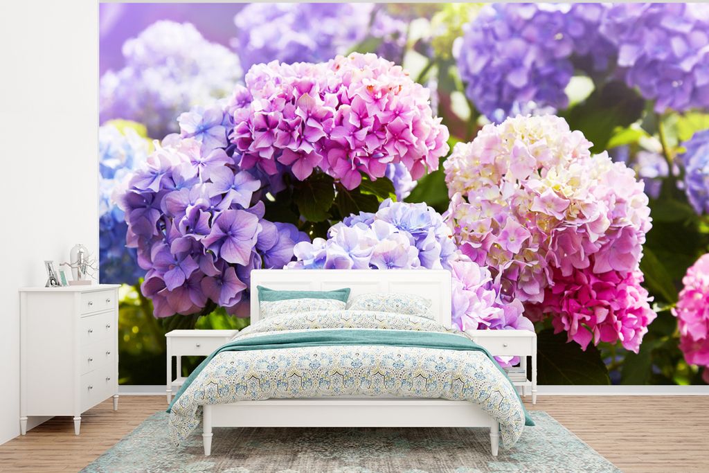 MuchoWow Fototapete für Wohnzimmer oder Schlafzimmer Wandtapete Vinyl Motivtapete Blumen - Hortensie - Rosa - Blätter - Sonne - 350x260 cm - Wo...