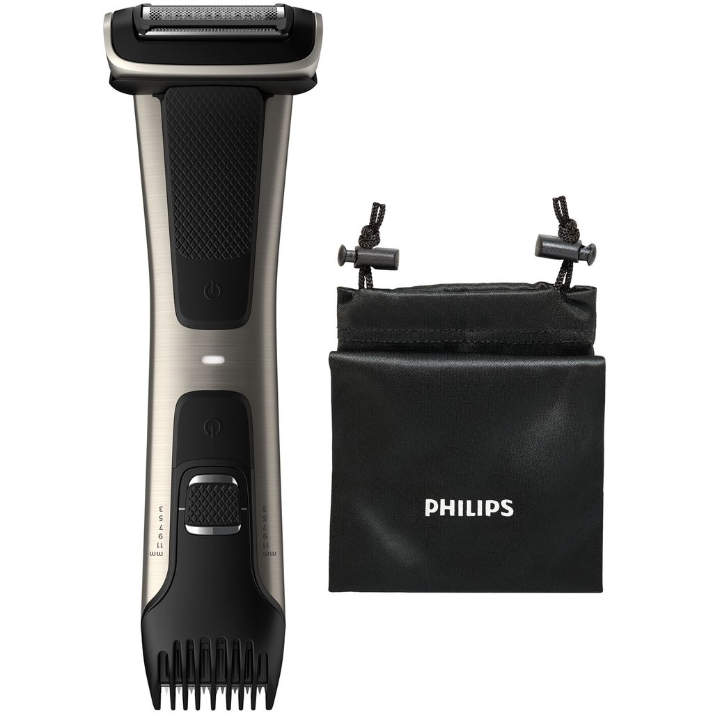 A Philips body groomer and its storage pouch are displayed on a white background.