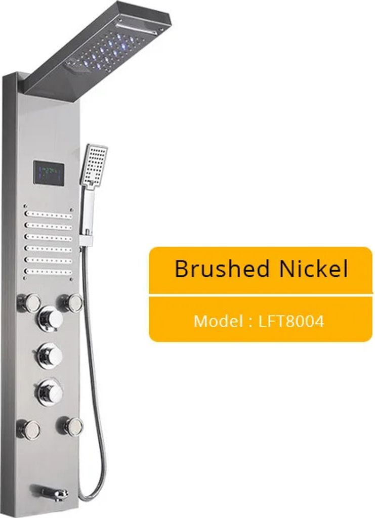 LED-Duschpaneel mit Licht, digitale Temperaturanzeige, modernes Design, Bürstet 8004