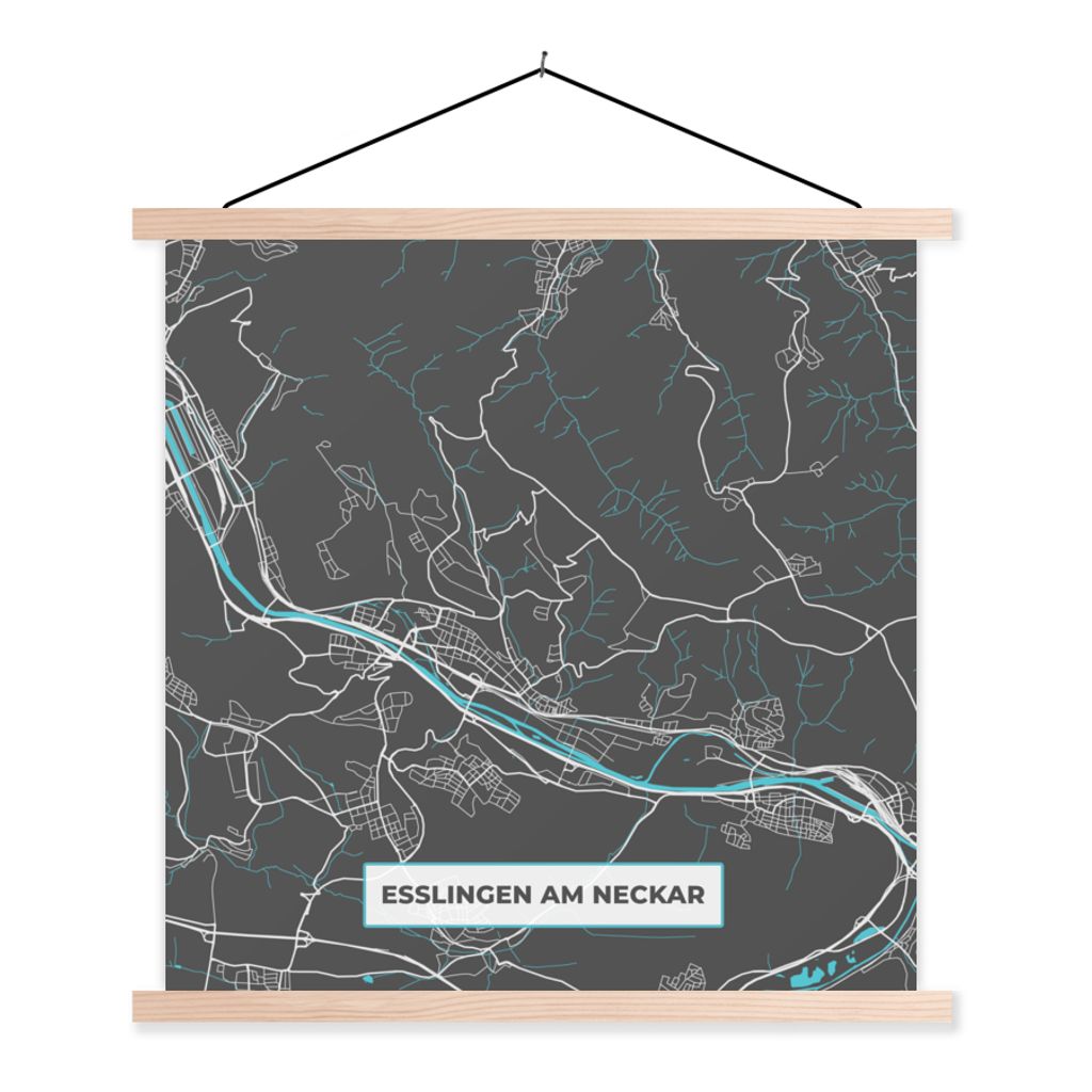 MuchoWow Textilposter Karte - Esslingen am Neckar - Blau - Stadtplan - Deutschland 40x40 cm mit holzfarbenen Rahmen - Posterleiste