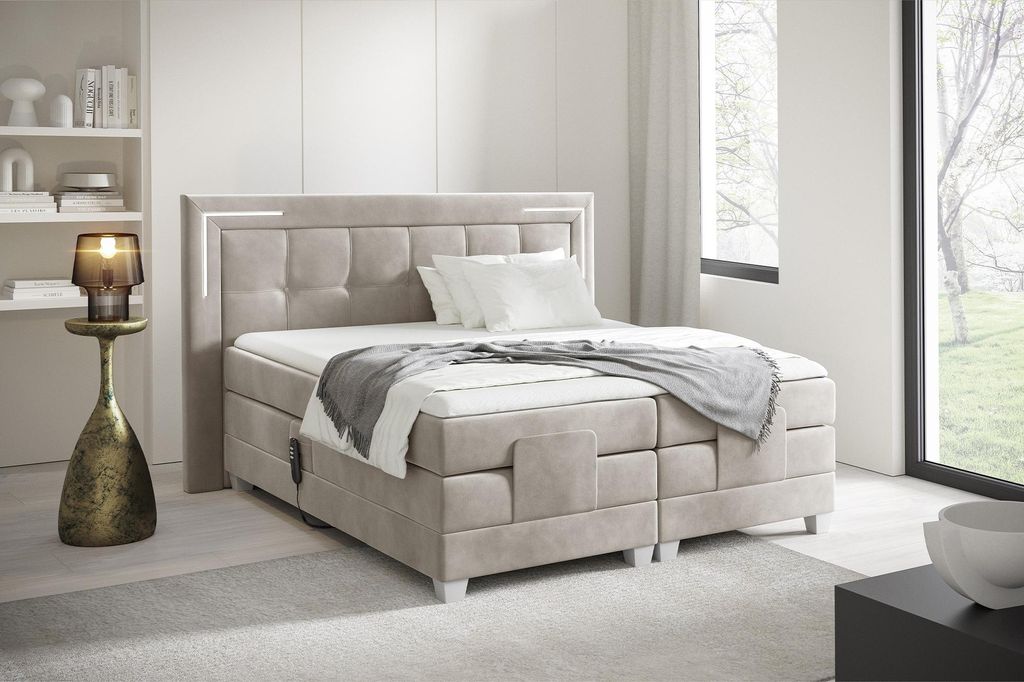 MEBLINI Boxspringbett Elektrisch Verstellbar mit LED - Gepolstert Doppelbett mit Matratzen und Toppers - Polsterbett - Bett mit Kopfteil - TARENTE ...