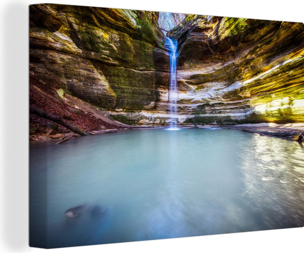 OneMillionCanvasses - Leinwandbilder - 140x90 cm, Ein Wasserfall in einer Schlucht im Starved Rock State Park, Wandbilder Kunstdruck Wanddekorati...
