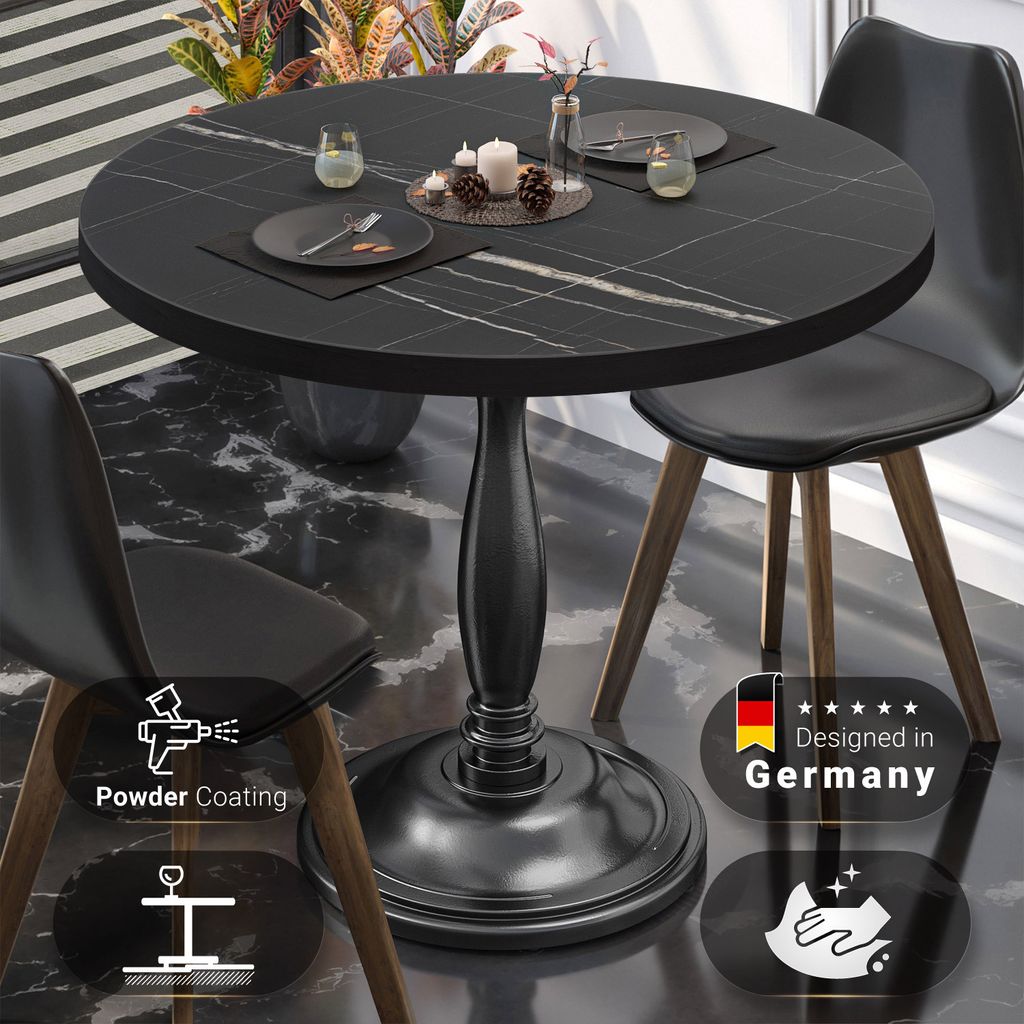 BD | Bistro Tisch | Ø 80 x 75,5 cm | Rund | Schwarzer Rand | Schwarz Marmor / Schwarz | Bistrotisch Gastro Tisch