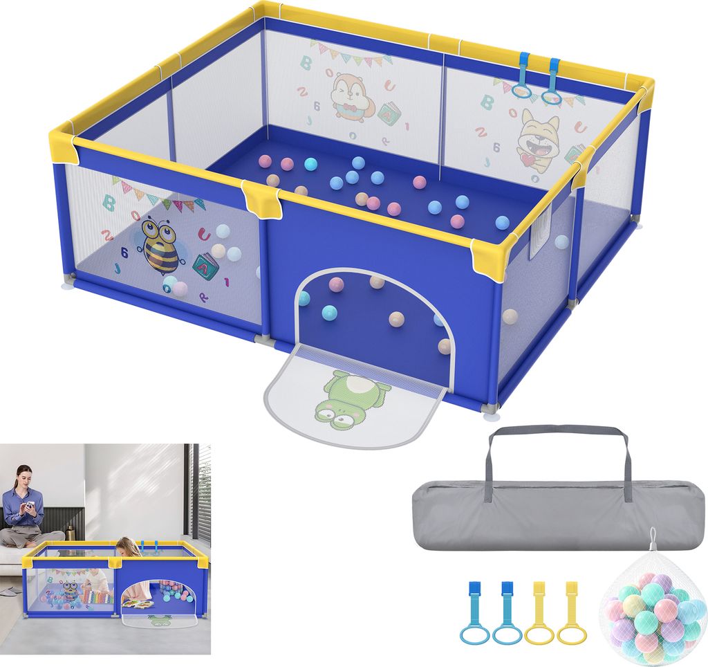 LARS360 Baby Laufstall 150 x 180 cm, Blau mit Tiermotiven, Spielbereich mit Rutschfester Basis, Tragbarem Spielzelt und Schutzgitter für Babys